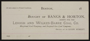 Billhead for Bangs & Horton, coal agents, 16 Kilby Street, Boston, Mass., 1800s