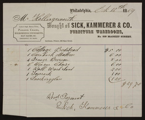 Billhead for Sick, Kammerer & Co., furniture warerooms, No. 808 Market Street, Philadelphia, Pennsylvania, dated October 12, 1869