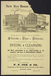 Handbill for The National Steam Laundry & Dye House, F.P. Cox & Co., corner of Main and Haskins Streets, Malden, Mass., undated