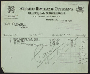 Billhead for the Stuart-Howland Company, electrical merchandise, corner Congress & Purchase Streets, Boston, Mass., dated February 24, 1921