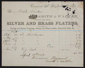 Billhead for Smith & Walker, silver and brass platers, opposite the depot, Concord, New Hampshire, dated December 1876