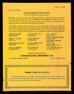 Mr. home owner are you proud of your lawn?, Corenco Turf Green, fertilizer, manufactured and distributed by Consolidated Rendering Co., 178 Atlantic Avenue, Boston, Mass.