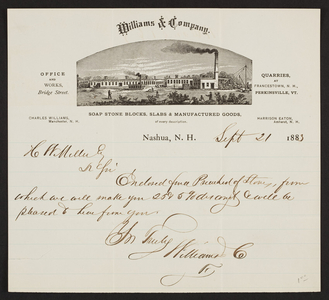 Billhead for Williams & Company, soap stone blocks, slabs, Nashua, New Hmapshire, dated September 21, 1883