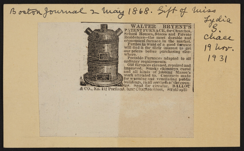 Advertisement for Ballou & Co., furnaces, No. 112 Portland near Chardon Street, Boston, Mass., May 2, 1868