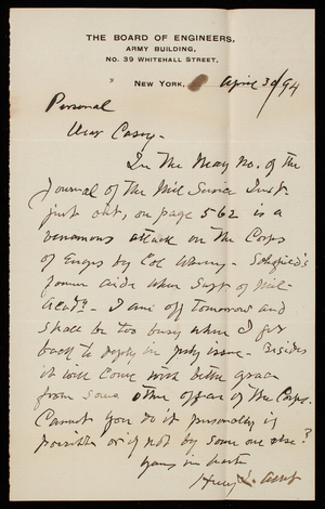 Henry L. Abbot to Thomas Lincoln Casey, April 30, 1894