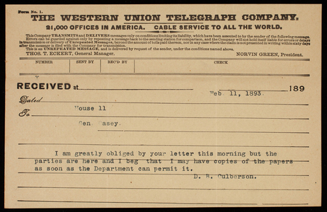 D. B. Culberson to Thomas Lincoln Casey, February 11, 1893, telegram