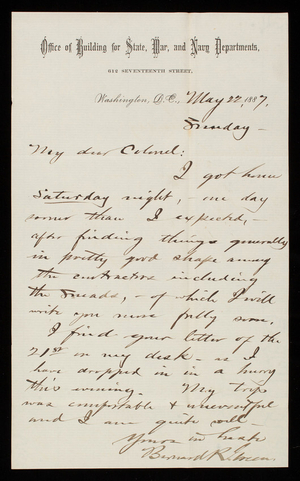 Bernard R. Green to Thomas Lincoln Casey, May 22, 1887