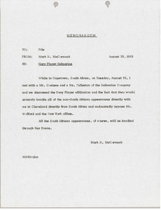 Memorandum from Mark H. McCormack concerning Gary Player Safmarine