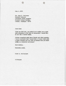 Letter from Mark H. McCormack to John Z. DeLorean