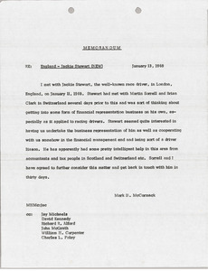Memorandum to England and Jackie Stewart file