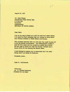 Letter from Mark H. McCormack to Gary Player