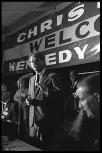 Robert F. Kennedy speaking at an event while stumping for Democratic candidates in the northern Midwest