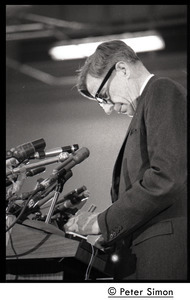 John Kenneth Galbraith on stage, introducing Presidential candidate Eugene McCarthy at Boston University