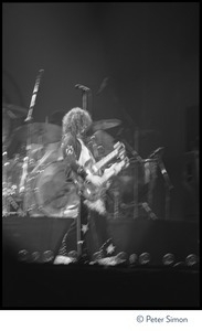 Jimmy Page playing his double-necked guitar, in concert with Led Zeppelin during their Physical Graffiti tour