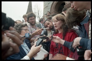 Scene outside the Hampshire County courthouse following acquittal in the CIA protest trial: Amy Carter being interviewed by the press