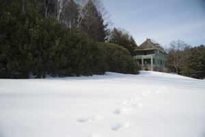 View over snowy grounds of Naulakha, Rudyard Kipling's home from 1893-1896