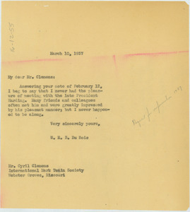 Letter from W. E. B. Du Bois to Cyril Clemens