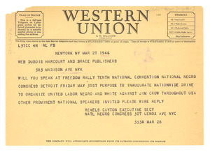 Telegram from National Negro Congress to W. E. B. Du Bois