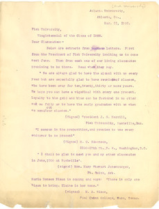 Letter from W. E. B. Du Bois to the Fisk University Class of 1888 ...