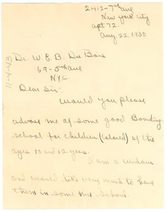 Letter from Lenore Love to W. E. B. Du Bois