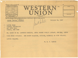 Telegram from W. E. B. Du Bois to NAACP Cornell Chapter
