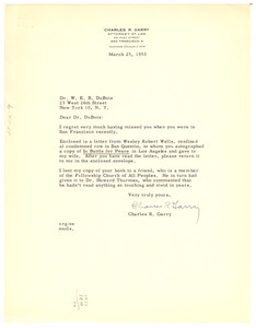 Letter from Charles R. Garry to W. E. B. Du Bois