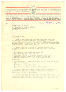 Letter from U.S.S.R. Society for Cultural Relations with Foreign Countries to W. E. B. Du Bois