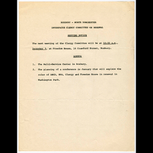 Notice with agenda of Clergy Committee on Renewal meeting to be held December 2, 1964