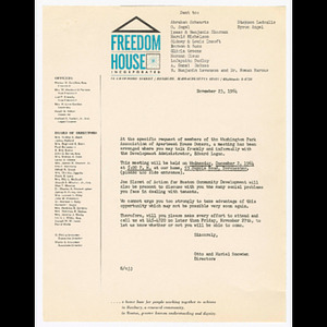 Letter from Otto and Muriel Snowden to Washington Park Association of Apartment House Owners (WAPAAHO) about meeting to be held December 2, 1964