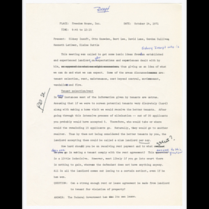 Draft of minutes from Freedom House Development Corp. exploratory meeting on October 14, 1971