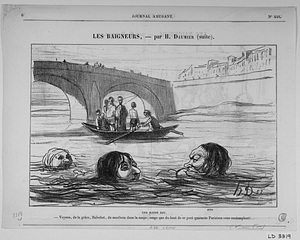 Une PLEINE EAU. - Voyons, de la grâce, Balochet, du moelleux dans la coupe; songe que du haut de ce pont quarante Parisiens nous contemplent!...