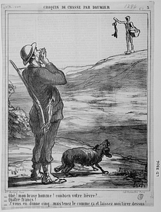 - Ohé! mon brave homme! combien votre lièvre?.... - Quatre francs! - J’vous en donne cinq... mais tenez le comme ça et laissez moi tirer dessus!...