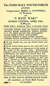 Ford Hall Youth Forum program advertising "I Hate War!" undated