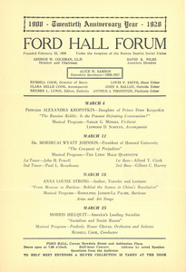 Ford Hall Forum program, 20th Season, March 1928