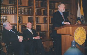 John Joseph Moakley speaking at podium during Suffolk University Law Library Dedication, 13 January 2000