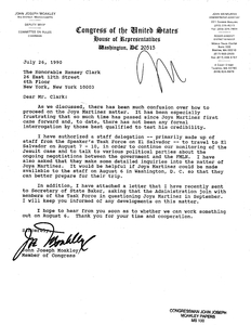 Letter from John Joseph Moakley to the Honorable Ramsey Clark regarding the Cesar Villeman Joya Martinez interrogation, 26-27 July 1990