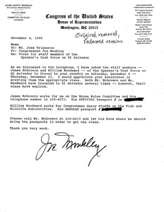Memorandum from John Joseph Moakley to Jose Trigueros regarding visas for the members of the Special Task Force on El Salvador, 4 December 1990