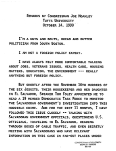 Remarks by John Joseph Moakley given at Tufts University regarding the Jesuit murder case and call for action, 14 October 1990