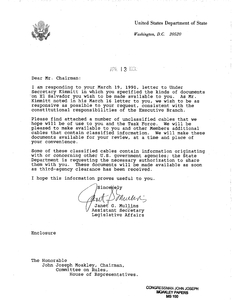 Letter to John Joseph Moakley from Janet G. Mullins, Assistant Secretary, Legislative Affairs, regarding documents and unclassified cables Moakley requested, 19 April 1990
