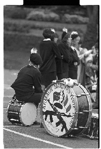 Republican parade, anniversary of internment, Downpatrick. Various shots of the parade include award winning shot of boy sitting beside a drum which has a painting of ArmaLite rifles on it