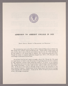 Amherst College annual report to secondary schools, report on admission to Amherst College, and information regarding freshman year, 1955