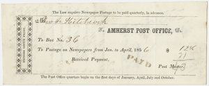 Edward Hitchcock receipt for the Amherst Post Office, 1856