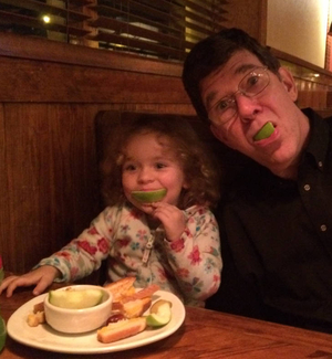 Grady Moates has his birthday's eve dinner with his granddaughter Vivian