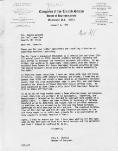 Letter to Mrs. Joanne Leonsis from Paul E. Tsongas regarding the Air Force eliminating 200 jobs at Cambridge Research Laboratory