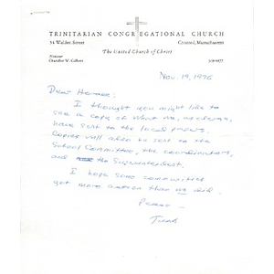 Letter, Trinitarian Congregational Church, November 19, 1976.