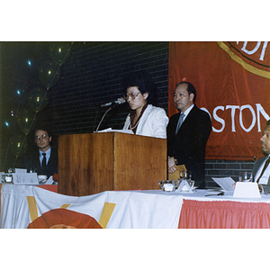 Chinese Progressive Association director Suzanne Lee gives a speech at the Rainbow Leadership Award Ceremony at Boston University