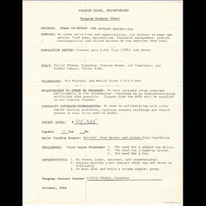 Program summary sheet for Freedom House, Incorporated