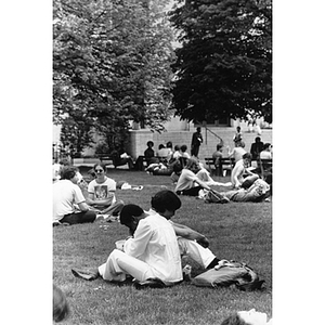 Students seated on the grass in Krentzman Quadrangle