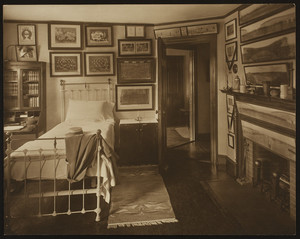 Wigglesworth House, 303 Adams Street, Milton, Mass., bedroom of Richard Bowditch Wigglesworth, with a boater on the bed