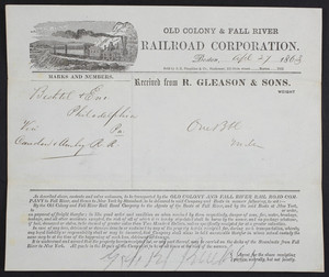 Receipt for the Old Colony & Fall River Railroad Corporation, Boston, Mass., dated April 27, 1863